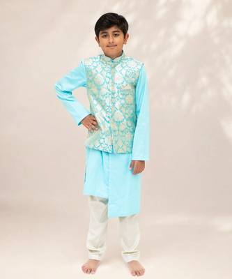 Blue brocade jacket with kurta and pant 1