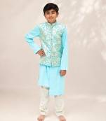 Blue brocade jacket with kurta and pant