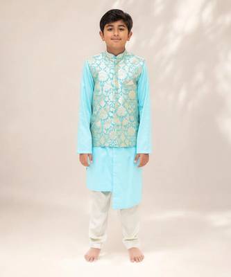 Blue brocade jacket with kurta and pant 2