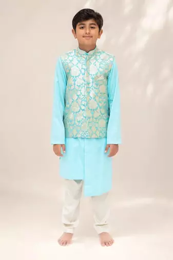 Blue brocade jacket with kurta and pant