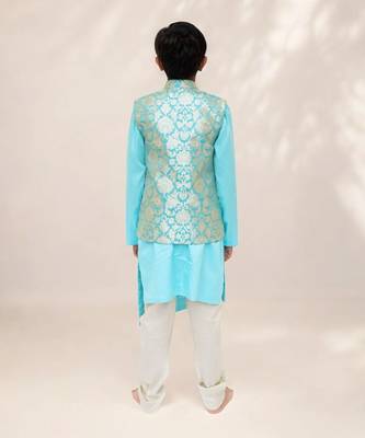 Blue brocade jacket with kurta and pant 4