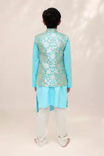 Blue brocade jacket with kurta and pant