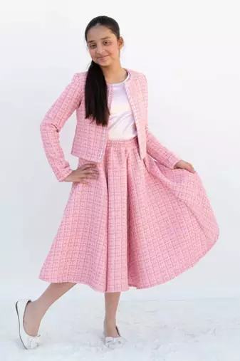 Pink tweed crop top & skirt     a winter party essential
