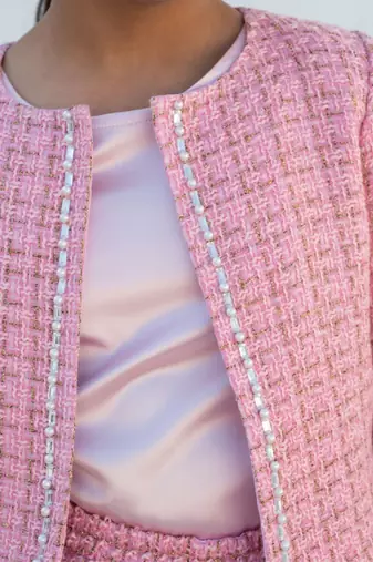 Pink tweed crop top & skirt     a winter party essential