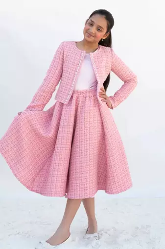 Pink tweed crop top & skirt     a winter party essential