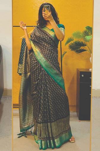 Floral print cotton silk saree with green border