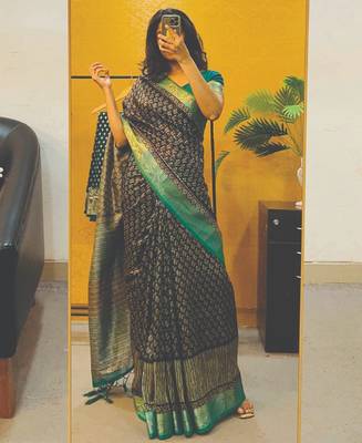 Floral print cotton silk saree with green border 1