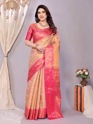 Cream woven kanchipuram art silk handloom saree with blouse 1