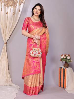 Cream woven kanchipuram art silk handloom saree with blouse 2