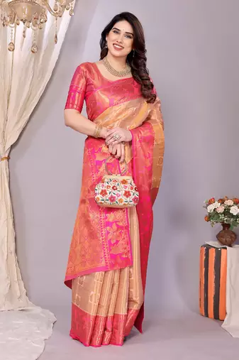 Cream woven kanchipuram art silk handloom saree with blouse
