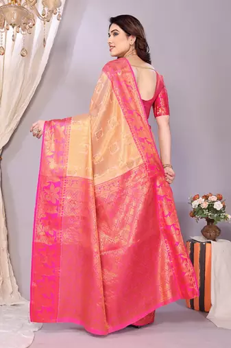 Cream woven kanchipuram art silk handloom saree with blouse