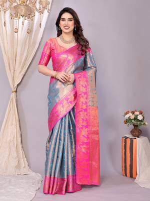 Light blue woven kanchipuram art silk handloom saree with blouse 1