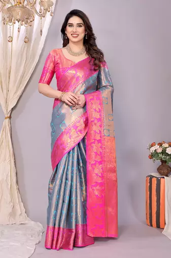 Light blue woven kanchipuram art silk handloom saree with blouse