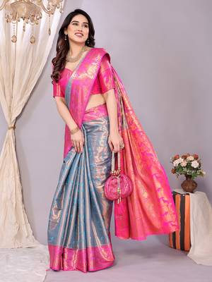 Light blue woven kanchipuram art silk handloom saree with blouse 2