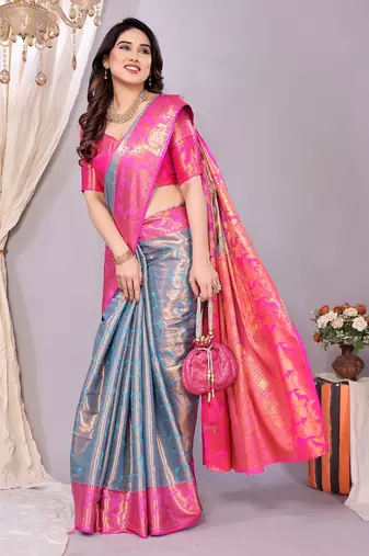 Light blue woven kanchipuram art silk handloom saree with blouse