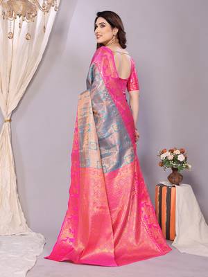 Light blue woven kanchipuram art silk handloom saree with blouse 3