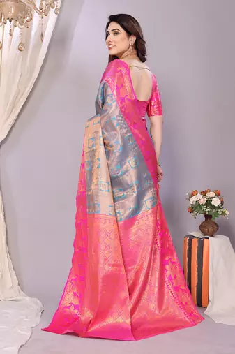 Light blue woven kanchipuram art silk handloom saree with blouse