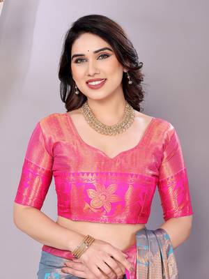 Light blue woven kanchipuram art silk handloom saree with blouse 4