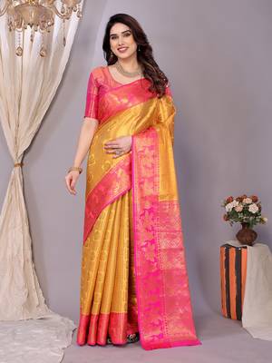 Gold woven kanchipuram art silk handloom saree with blouse 1