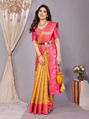 Gold woven kanchipuram art silk handloom saree with blouse 2