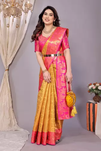 Gold woven kanchipuram art silk handloom saree with blouse