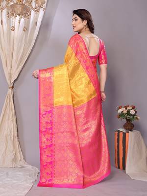 Gold woven kanchipuram art silk handloom saree with blouse 3