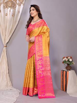 Gold woven kanchipuram art silk handloom saree with blouse 4