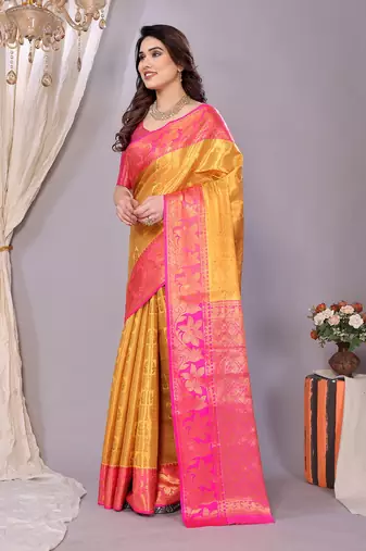 Gold woven kanchipuram art silk handloom saree with blouse