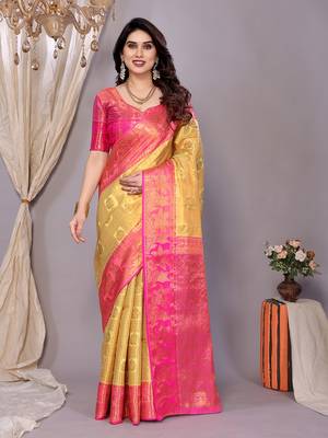 Lemon woven kanchipuram art silk handloom saree with blouse 1