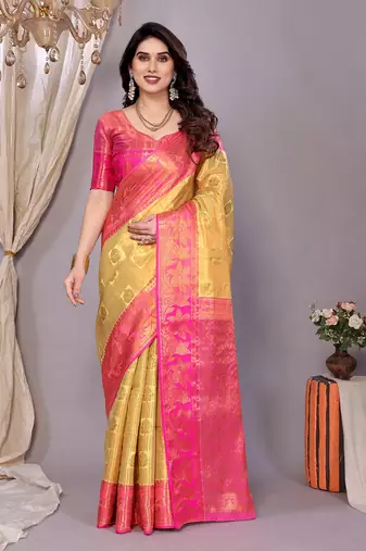Lemon woven kanchipuram art silk handloom saree with blouse