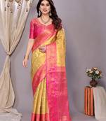 Lemon woven kanchipuram art silk handloom saree with blouse