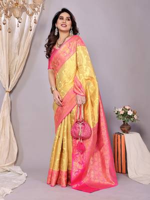 Lemon woven kanchipuram art silk handloom saree with blouse 2