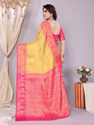 Lemon woven kanchipuram art silk handloom saree with blouse 3