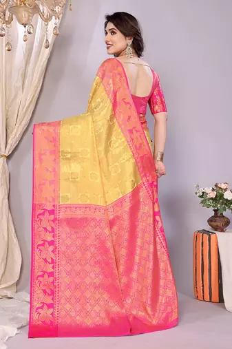 Lemon woven kanchipuram art silk handloom saree with blouse