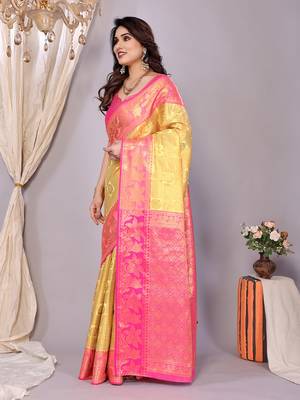 Lemon woven kanchipuram art silk handloom saree with blouse 4