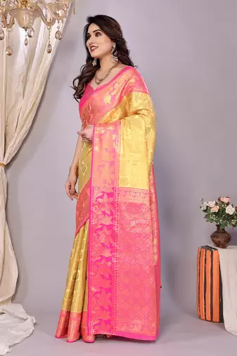 Lemon woven kanchipuram art silk handloom saree with blouse