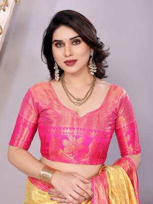 Lemon woven kanchipuram art silk handloom saree with blouse 5
