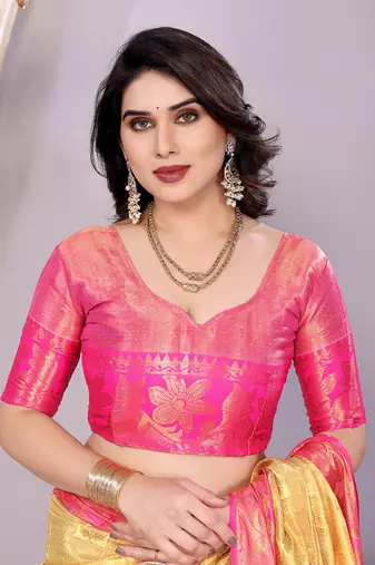 Lemon woven kanchipuram art silk handloom saree with blouse