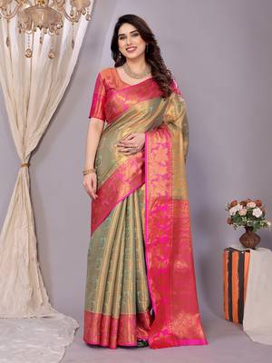 Sea green woven kanchipuram art silk handloom saree with blouse 1