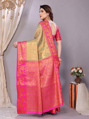 Sea green woven kanchipuram art silk handloom saree with blouse 3