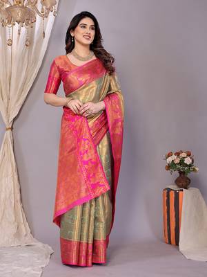 Sea green woven kanchipuram art silk handloom saree with blouse 4