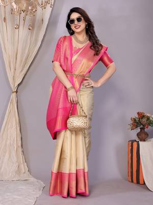 Cream woven kanchipuram art silk handloom saree with blouse 1