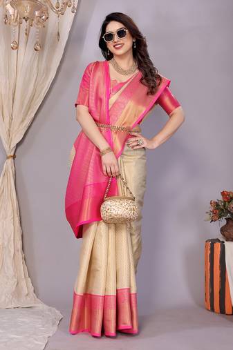 Cream woven kanchipuram art silk handloom saree with blouse