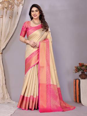 Cream woven kanchipuram art silk handloom saree with blouse 2