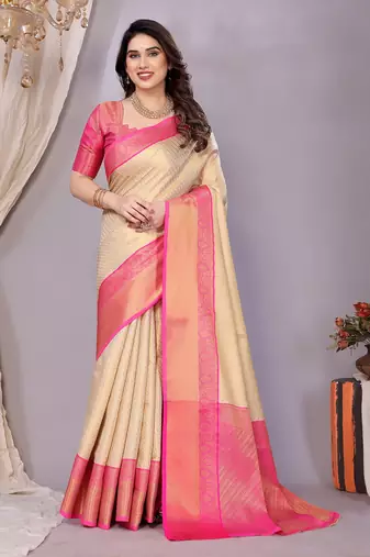 Cream woven kanchipuram art silk handloom saree with blouse