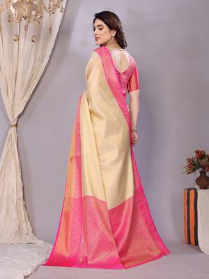 Cream woven kanchipuram art silk handloom saree with blouse 3