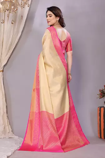Cream woven kanchipuram art silk handloom saree with blouse