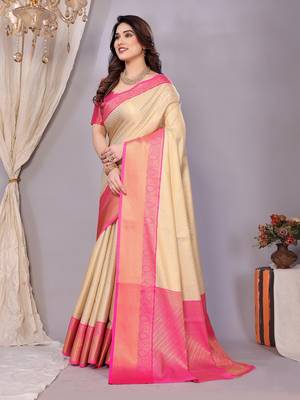 Cream woven kanchipuram art silk handloom saree with blouse 4