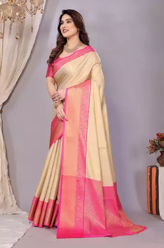 Cream woven kanchipuram art silk handloom saree with blouse
