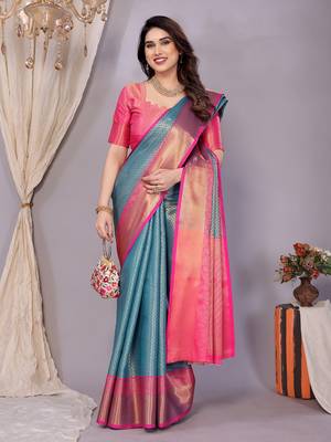 Light blue woven kanchipuram art silk handloom saree with blouse 1